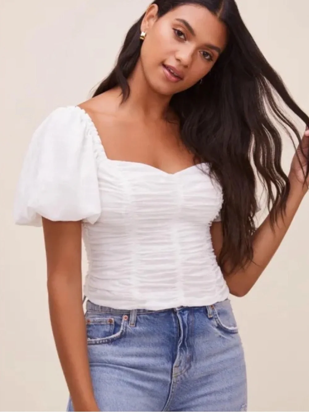 Astr White Ruched Sweetheart Puff-Sleeve Top